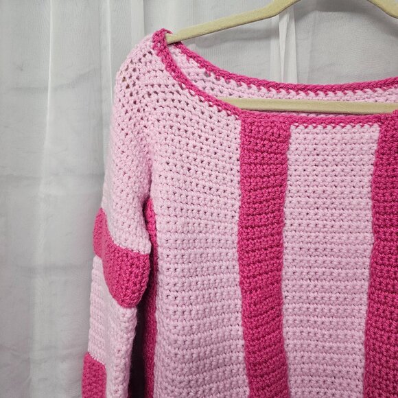 Handmade Pink Sweater Striped Colorblock Knit Pullover S/M - Picture 10 of 12